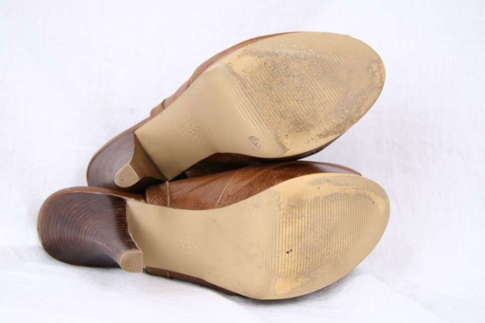 BCBG Ryder Tan Brown Leather High Heels Peep Toe Platform Sandals Shoes ...